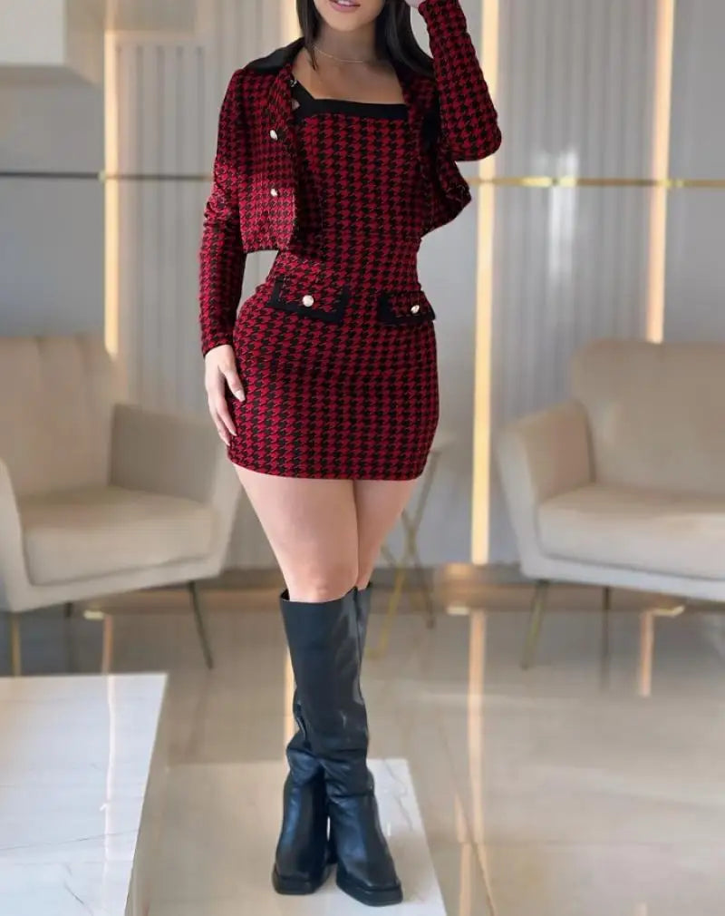 Red Houndstooth Printed Tight Fitting Dress Button Short Jacket