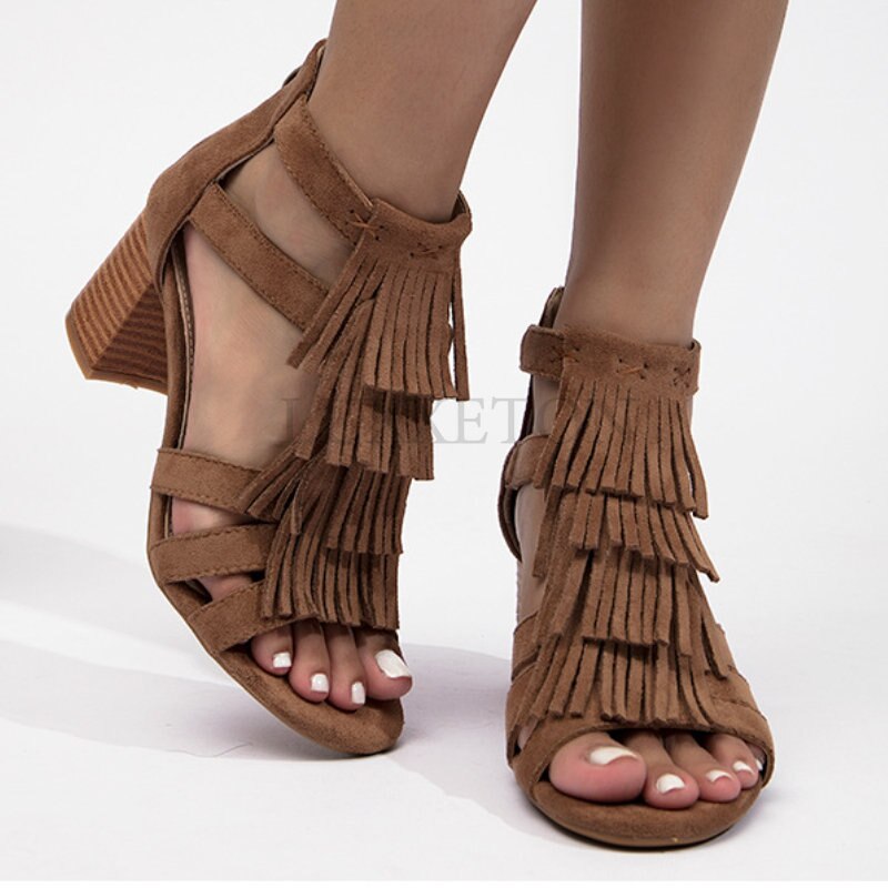 Solid Color Commute Fashion Rear Zipper Thick-heeled Sandals