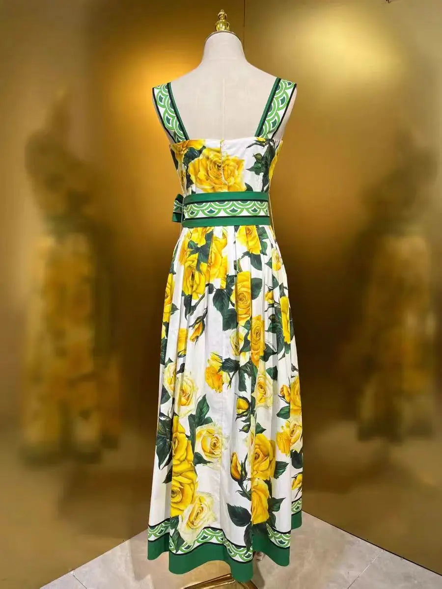 Summer Holiday Midi Floral Sexy Backless A Line Big Hem Yellow Rose Print Dress