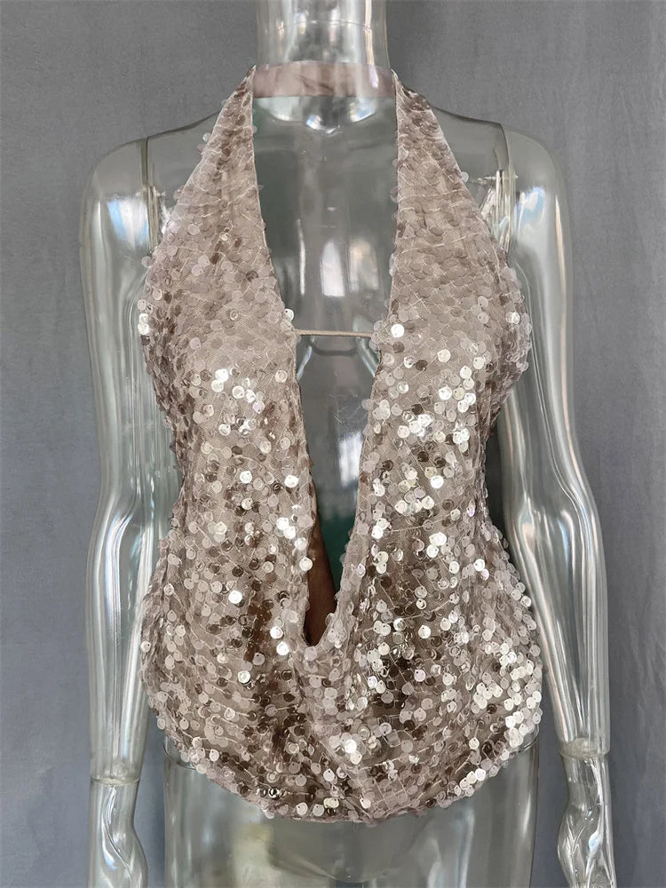 Summer Sequin Sexy Backless V-Neck Hollow Out Patchwork Glitter Tank Top