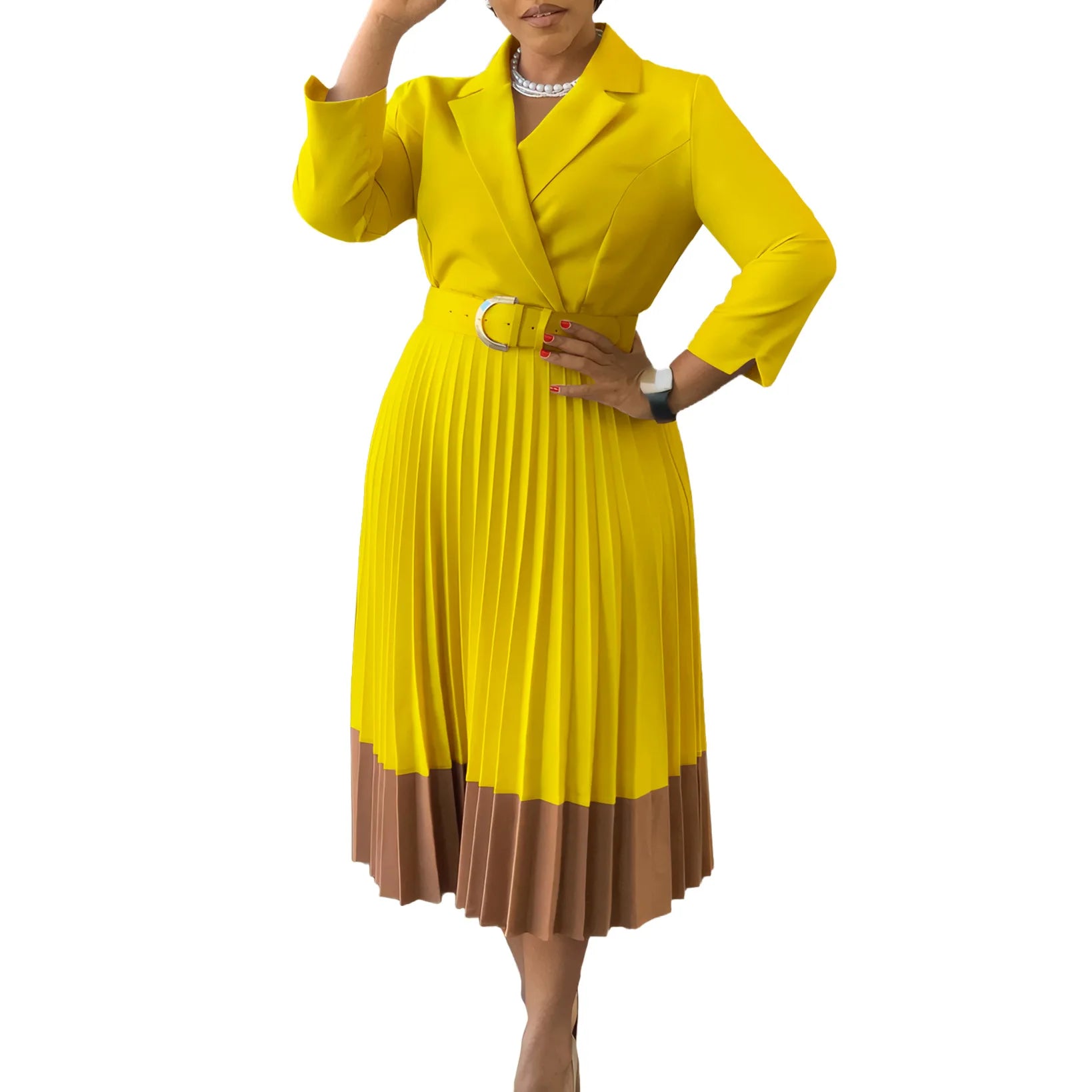 Spring Autumn Casual Plus Size Slim Retro Elegant V-Neck High Waist Long Sleeve  Dress