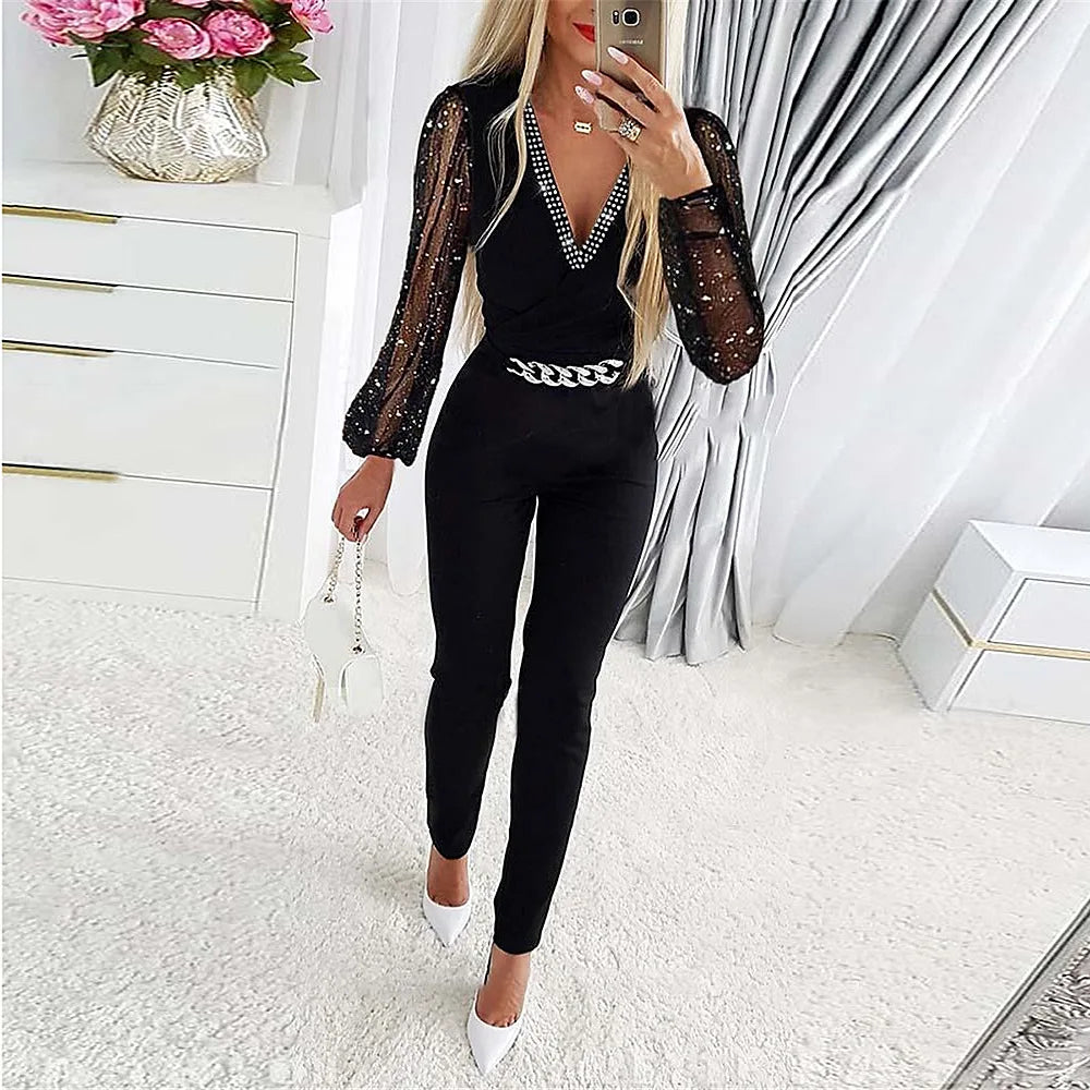 V Neck Full Sleeve Tight High Waist Overalls Casual Sheath Long Pencil Jumper