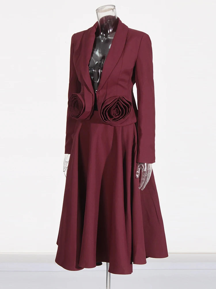 Solid Burgundy Lapel Long Sleeve Spliced Appliques Coats High Waist A Line Skirt Set