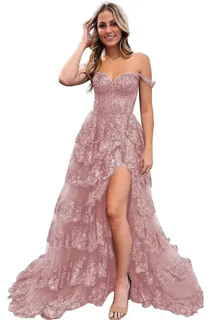 Sexy Lace High Slit Printed Evening Gowns