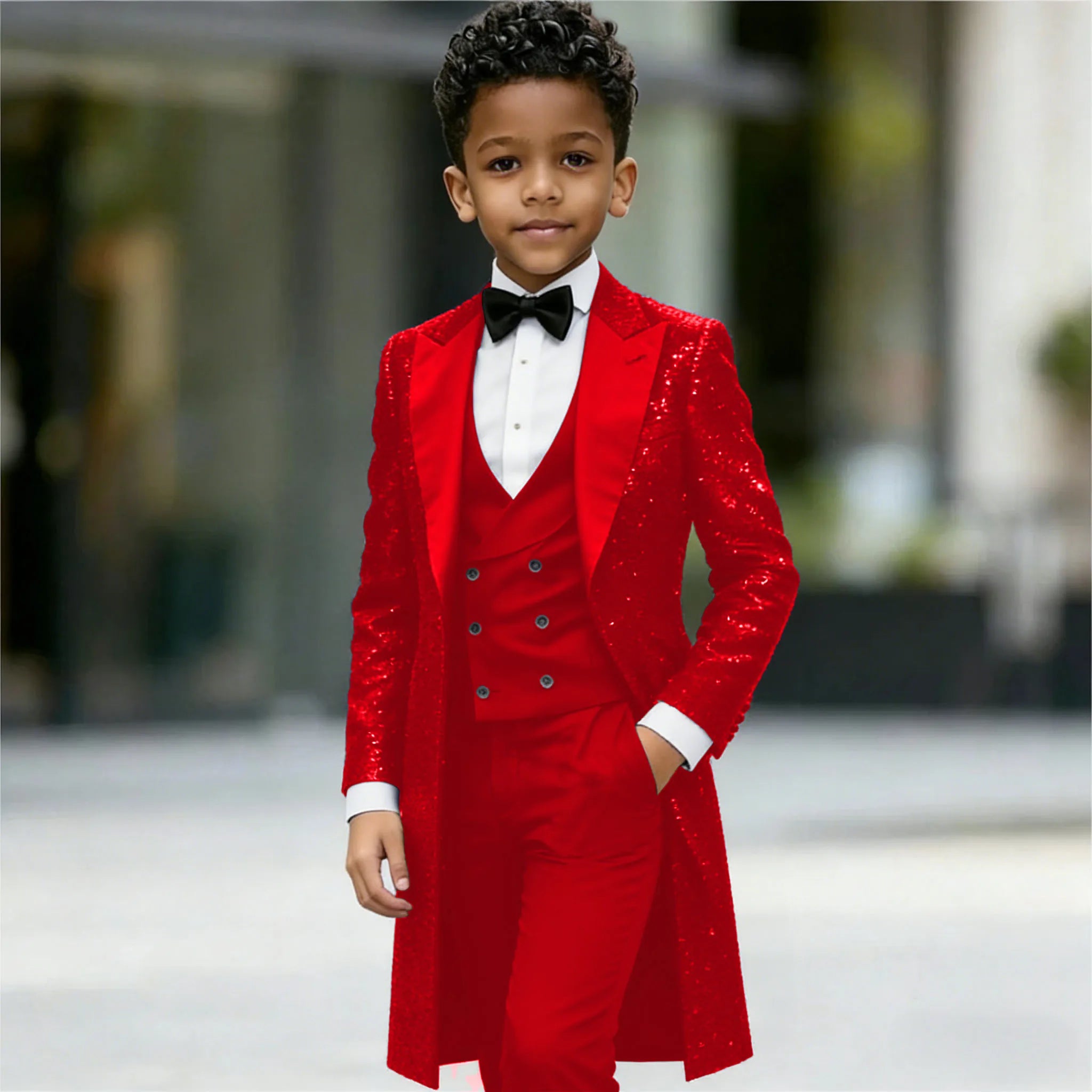 Navy Blue Sequin Boys 3‑Piece Wedding Tuxedo Set – Long Tailcoat, Vest & Pants