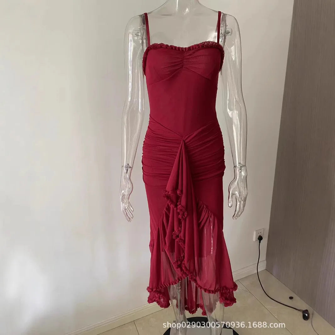 Elegant Irregular Ruffles Hem Pleated Sling Maxi Dress