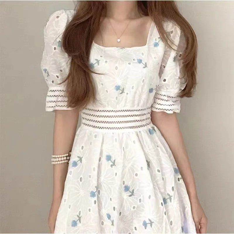 Embroidery Square Neck Hollow A-line Dress