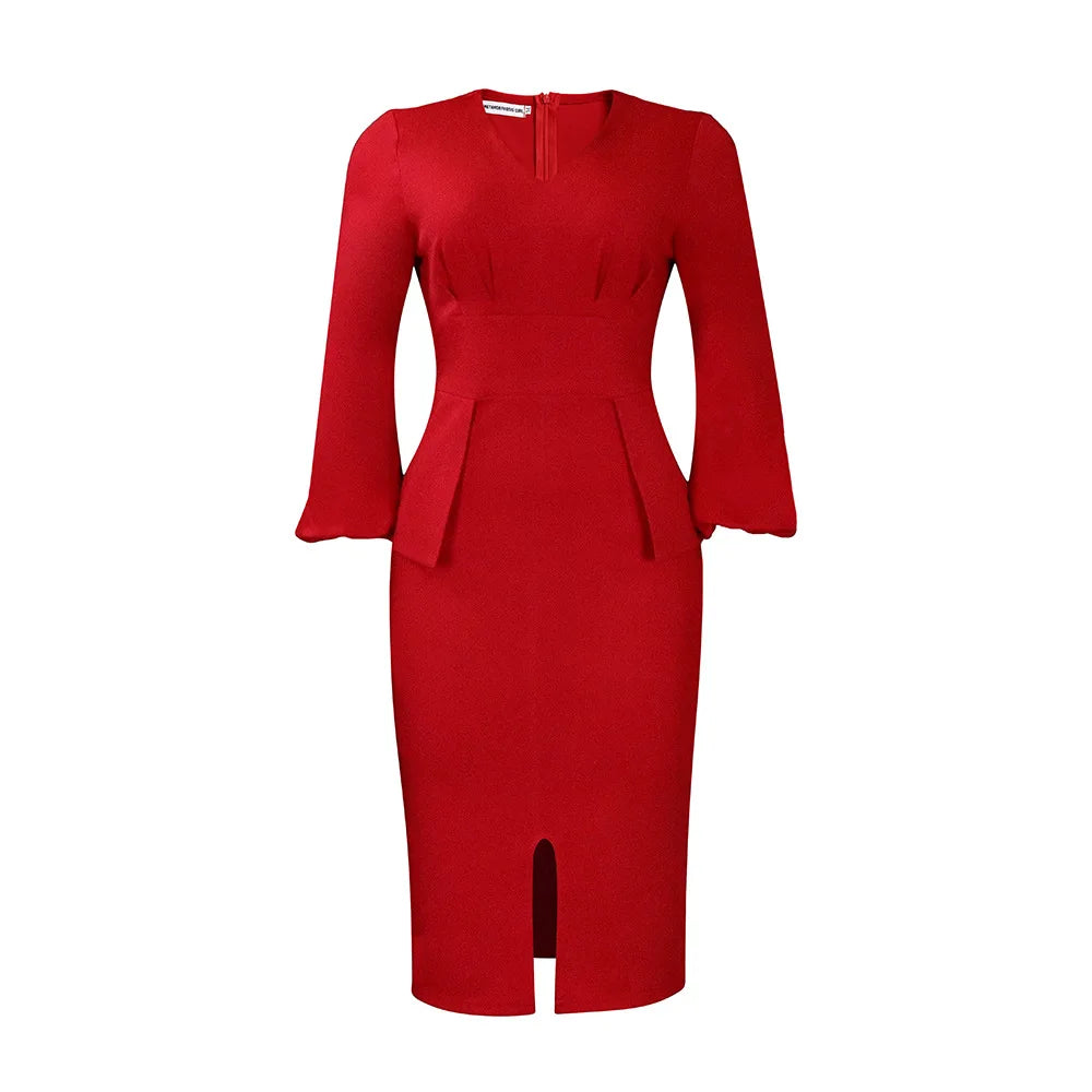 New  V-neck Puffed Sleeve Slit Dress