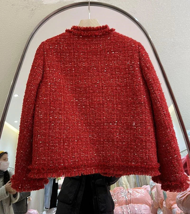 Red Cropped Tweed Coat for Women