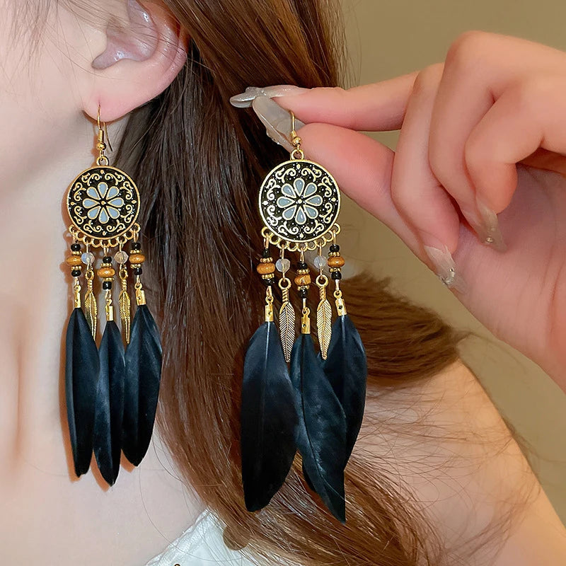 Boho Long Feather Dangle Earrings – Handmade Tassel & Enamel Flower Statement Jewelry for Women