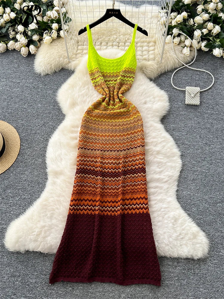 Korean Chic Beachwear Spaghetti Strap Sleeveless Gradient Design Knitting Long Dress