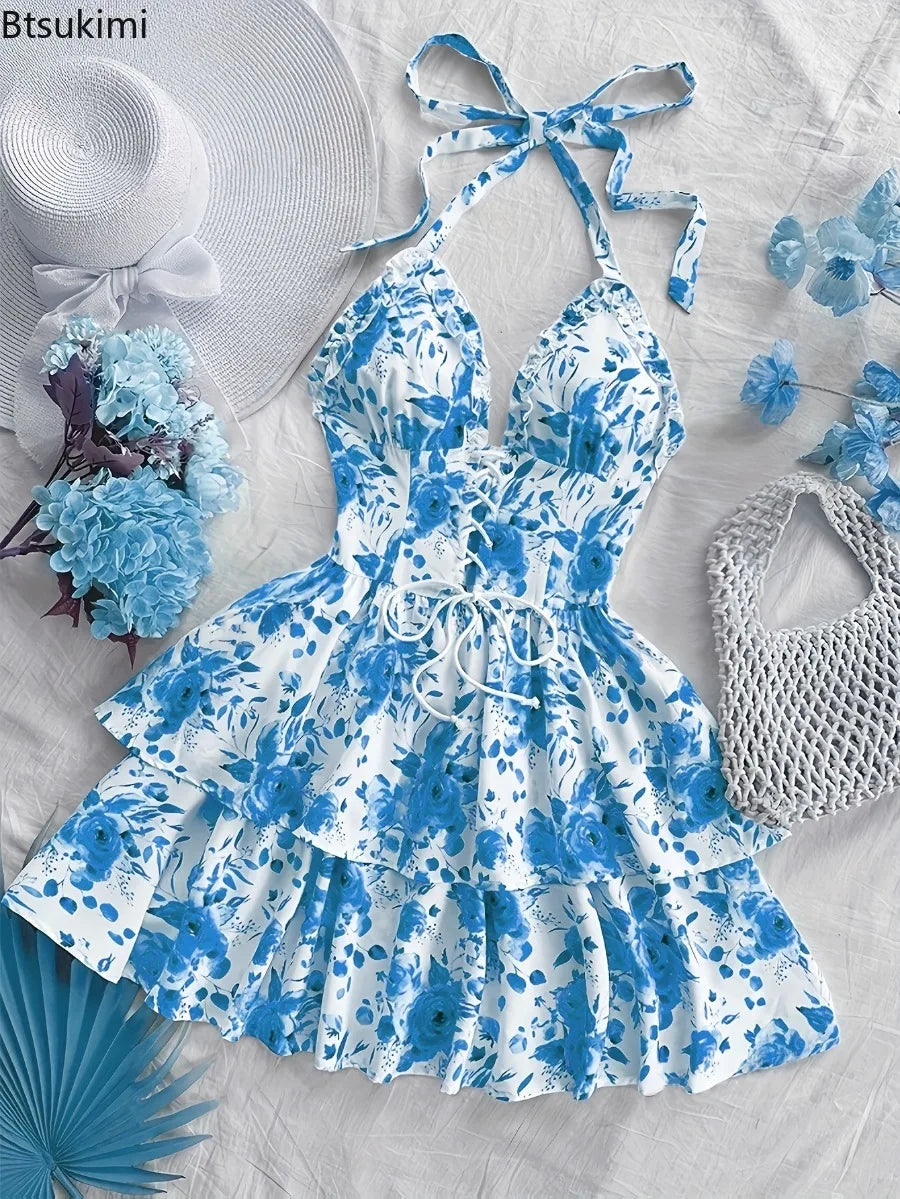 New Women's Retro Rose Watercolor Halter Dress