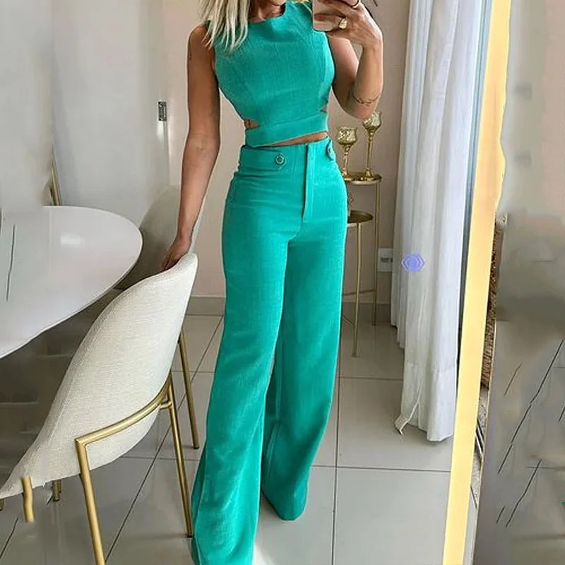 Tight Hollow Out Cropped Top High Waist Long Pants Suits