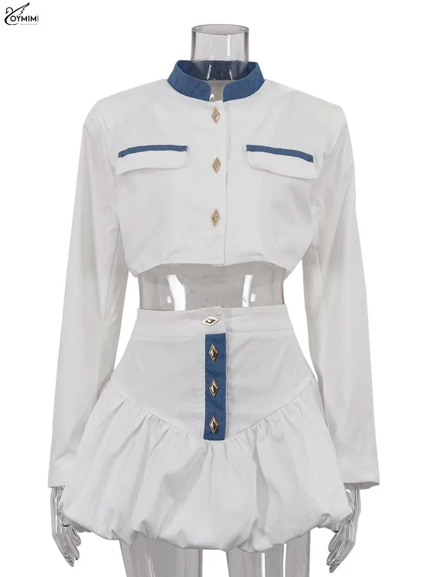 Casual Long Sleeve Button Pockets Crop Shirts + High Waist Mini Skirt Set