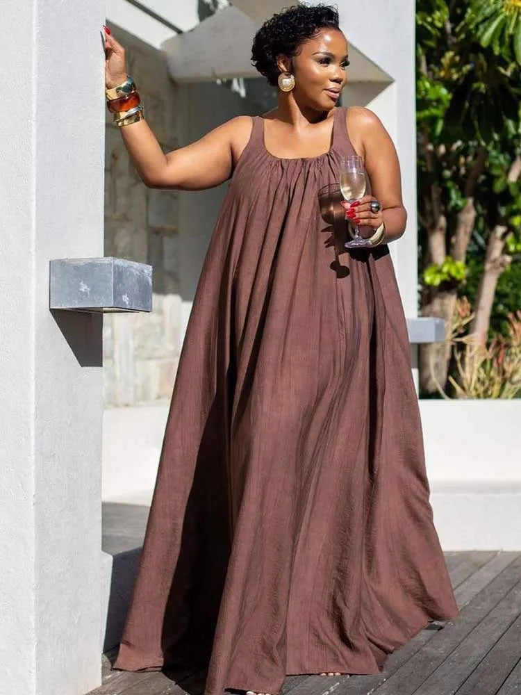 Loose Fit Elegant Brown Square Collar Sleeveless Summer Dress – Shequila's Fashions
