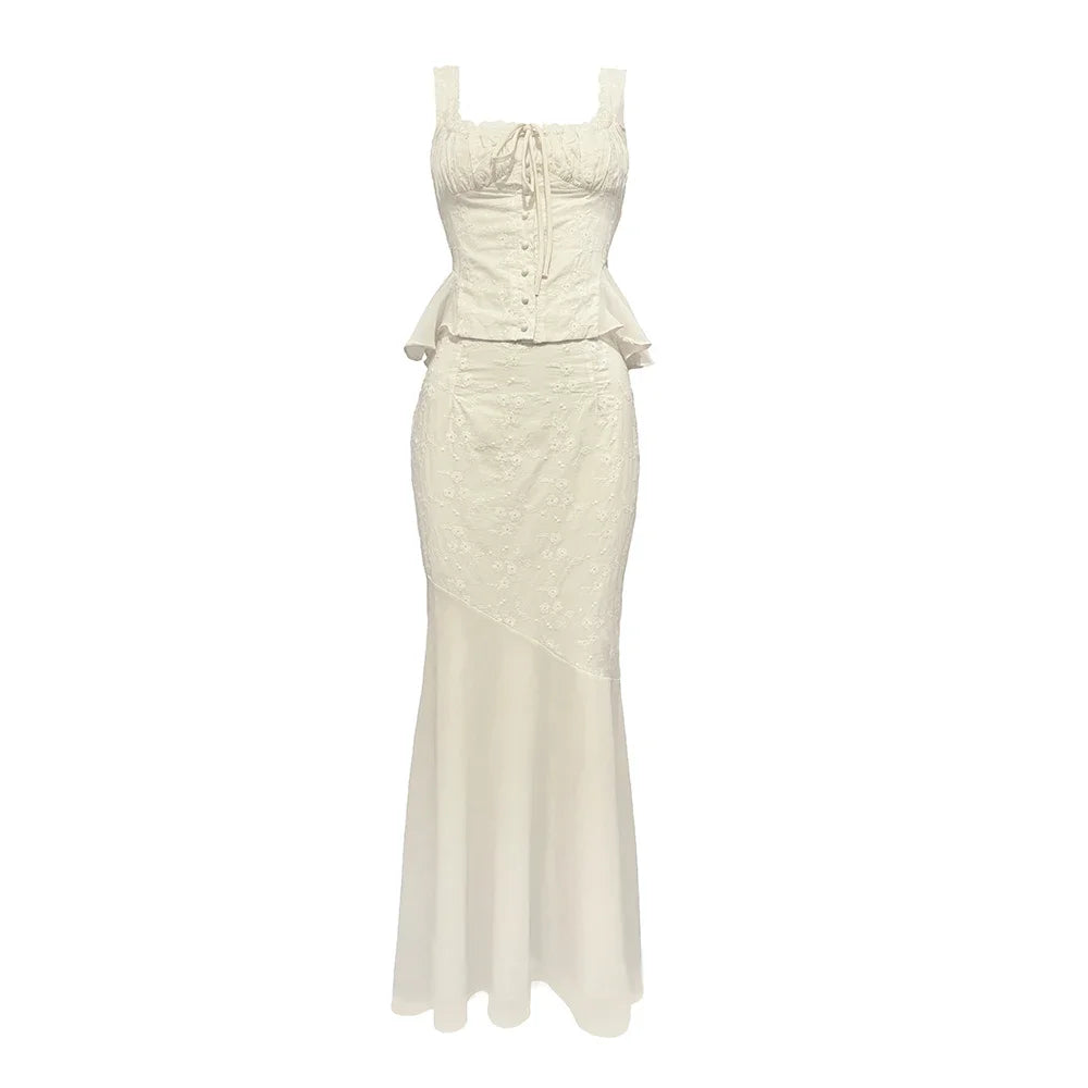 Beige Long Matching Set Sexy Mermaid Skirt