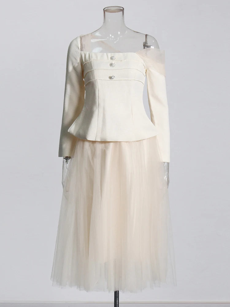 Diagonal Collar Long Sleeve Tunic Top High Waist A Line Skirt Sets