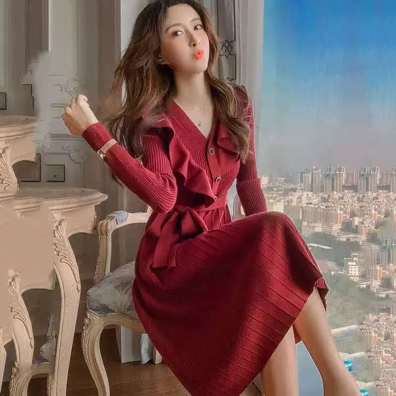 Elegant V-Neck Button Spliced Bandage Ruffles Midi Dress