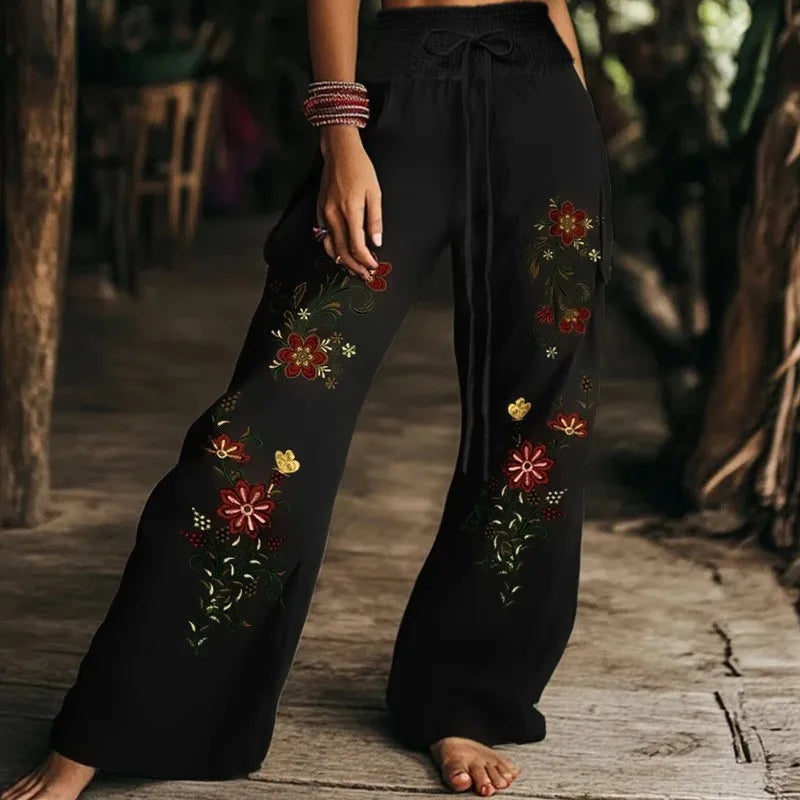 Boho High Waist Lace-Up Wide Leg Pants