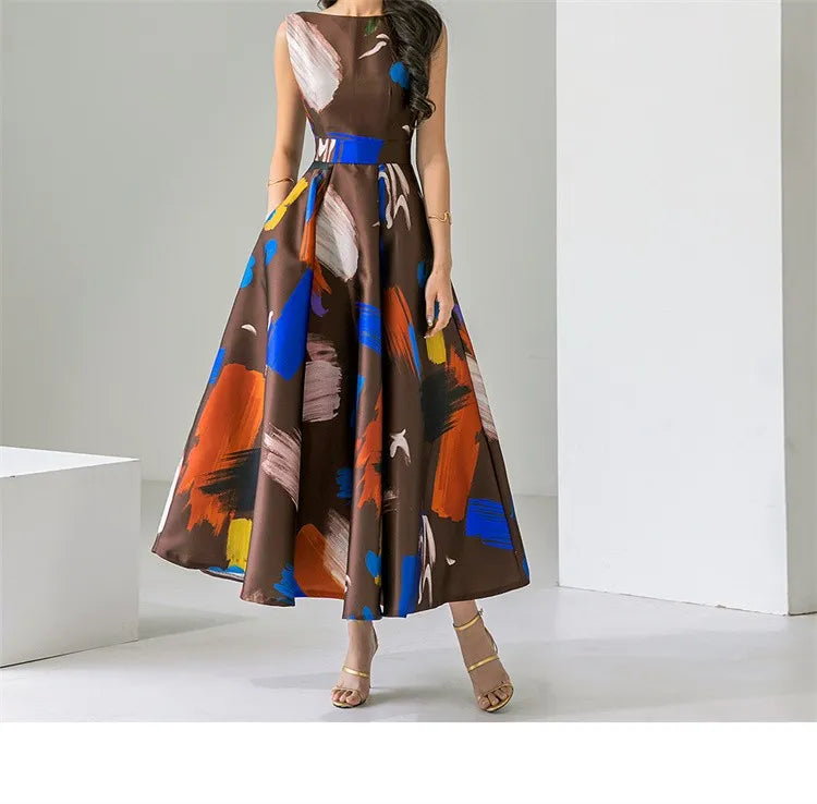 2023 Vintage High Waisted A Line Print Maxi Dresses