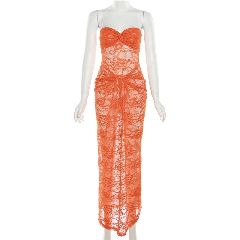 Spaghetti Strap Sleeveless Lace Patchwork See Through Maxi Dress