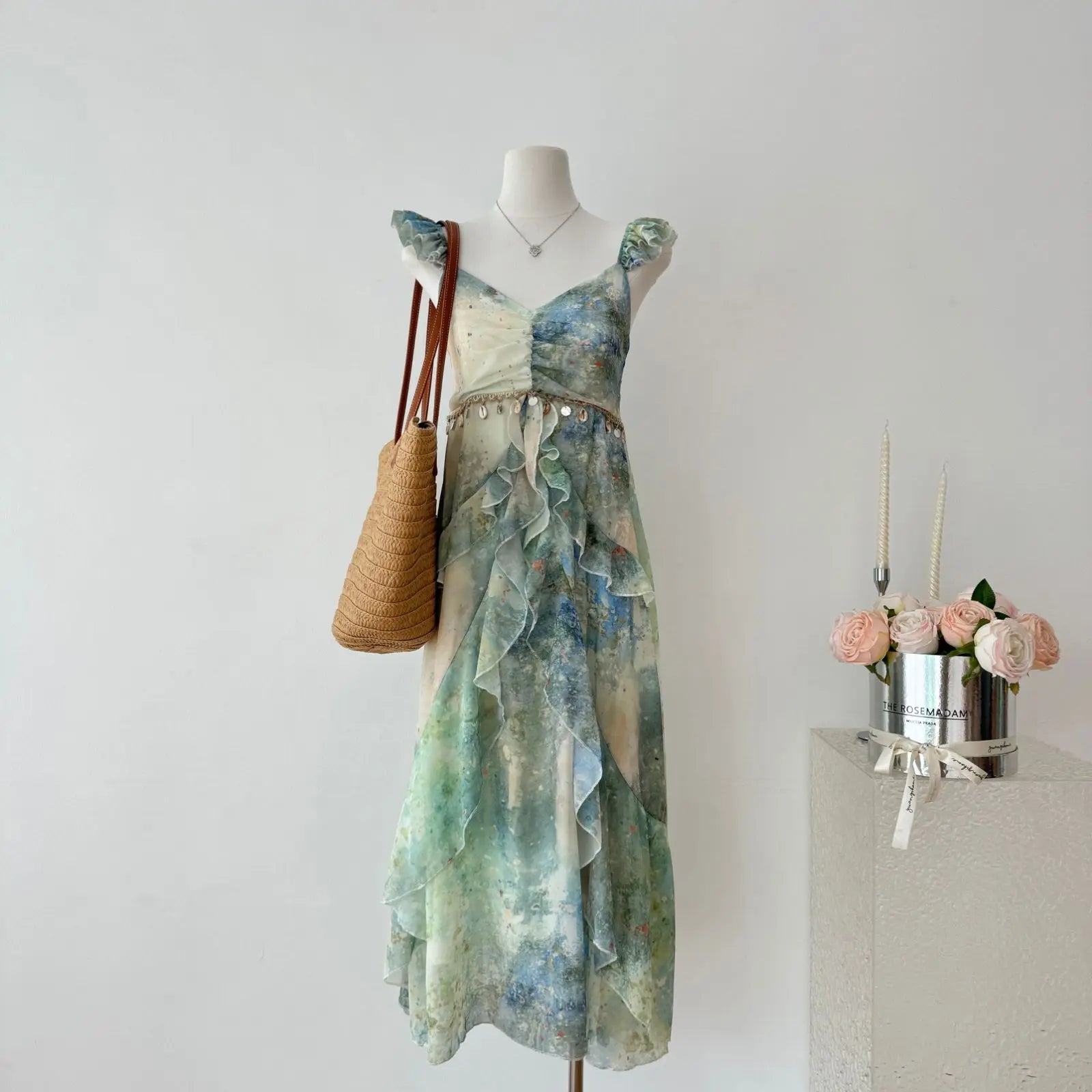 Summer French Beach Vacation Original Design Shell Sequin Ruffle Flounce Dress