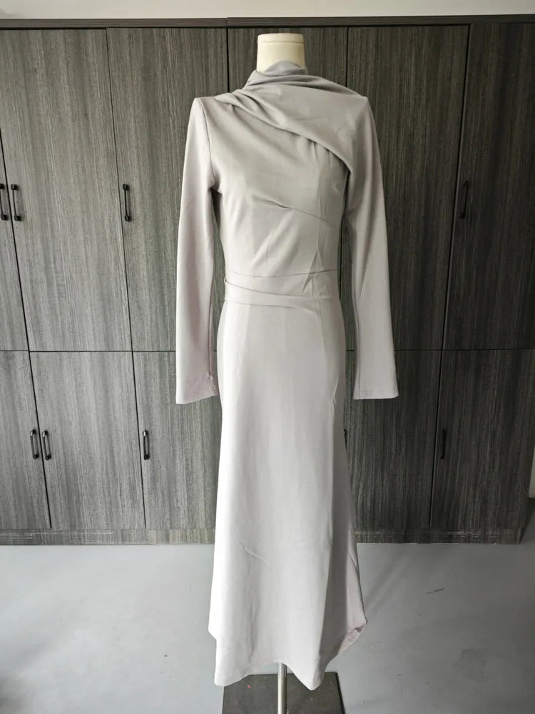 Round Collar Hollow Out Shoulder Solid Color A Line Luxury Dress