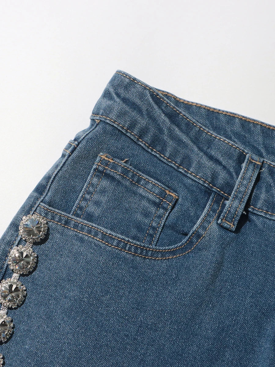 High Waist Spliced Solid Patchwork Diamonds Straight Jeans