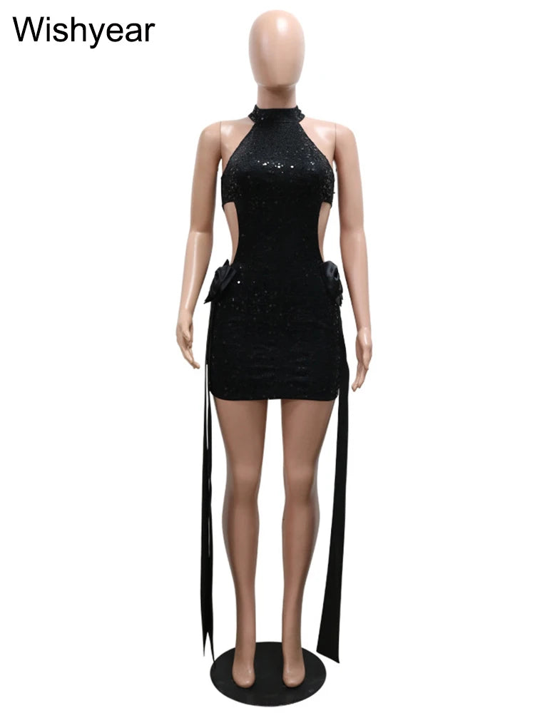 New Sequin Patchwork Elegant Bow Ribbion Sleeveless Black Short Dress