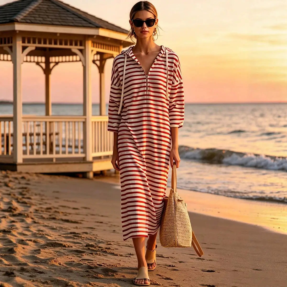 Autumn Striped Hooded Maxi Dress