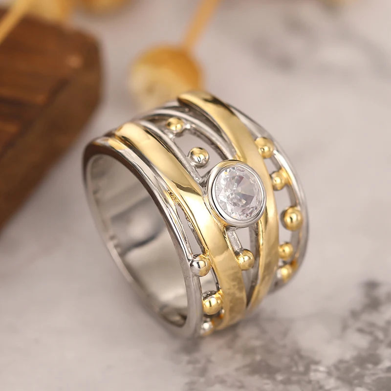 Noble Two-tone Rings with Brilliant Cubic Zirconia