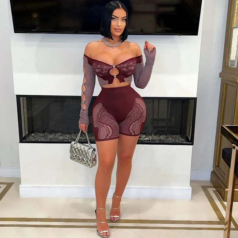 Long Sleeve Hollow Out Crop Top and Shorts Matching Sets