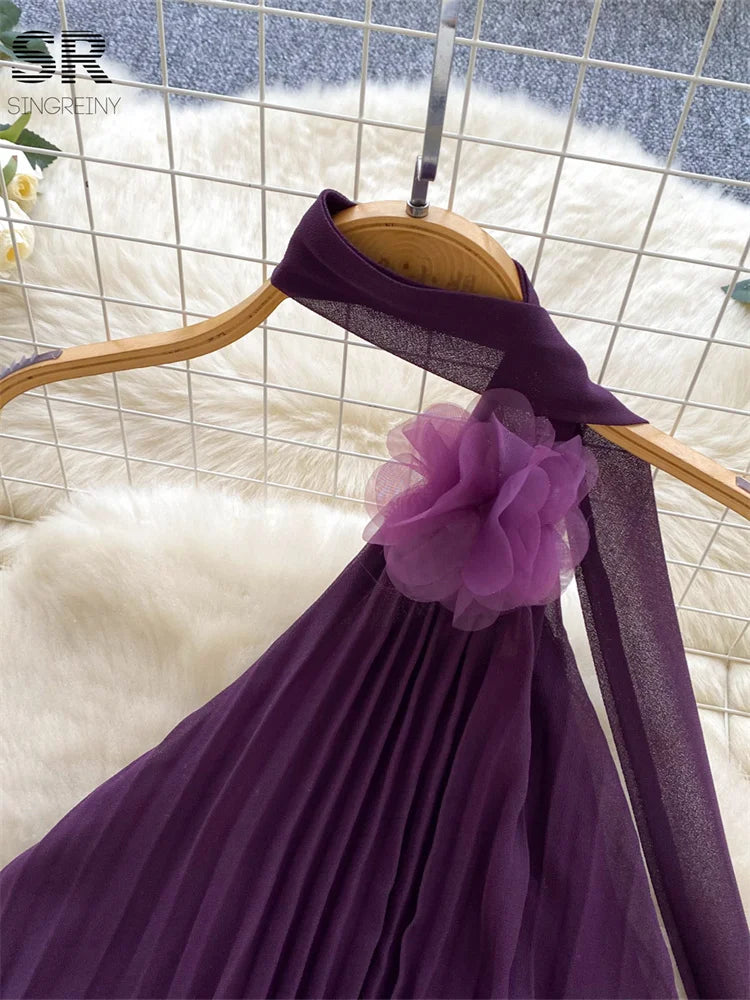 Summer Pleated Sleeveless Irregular Halter Sundress