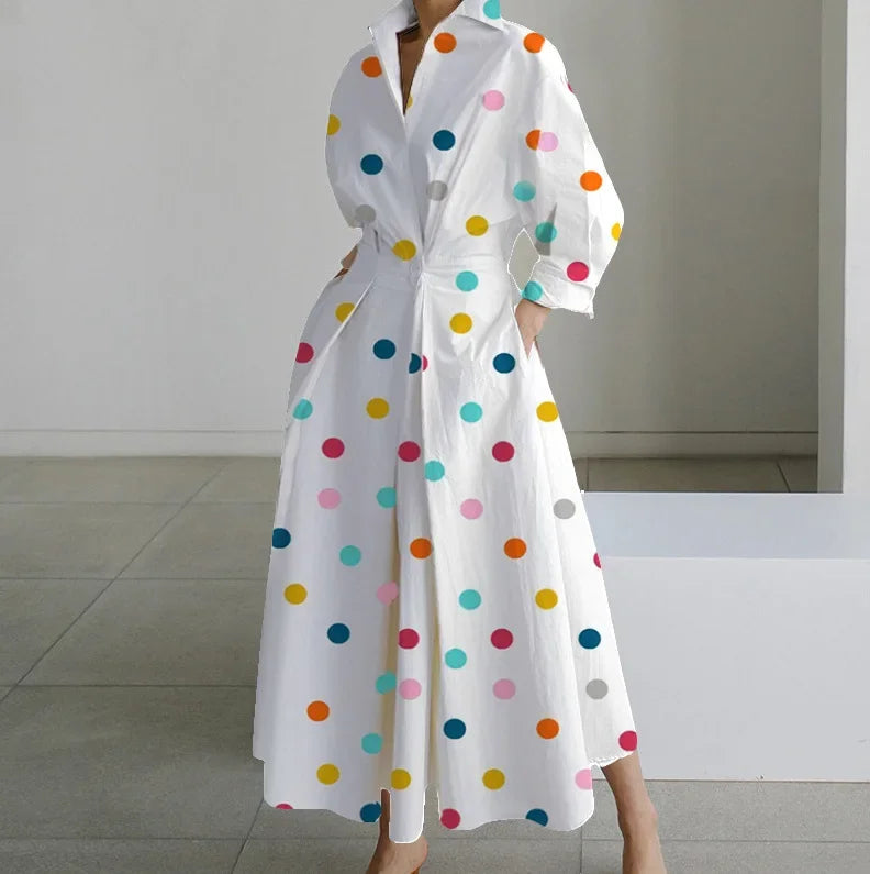 New Spring V Neck Draped Solid High Waist Pocket Pleated Long Dress