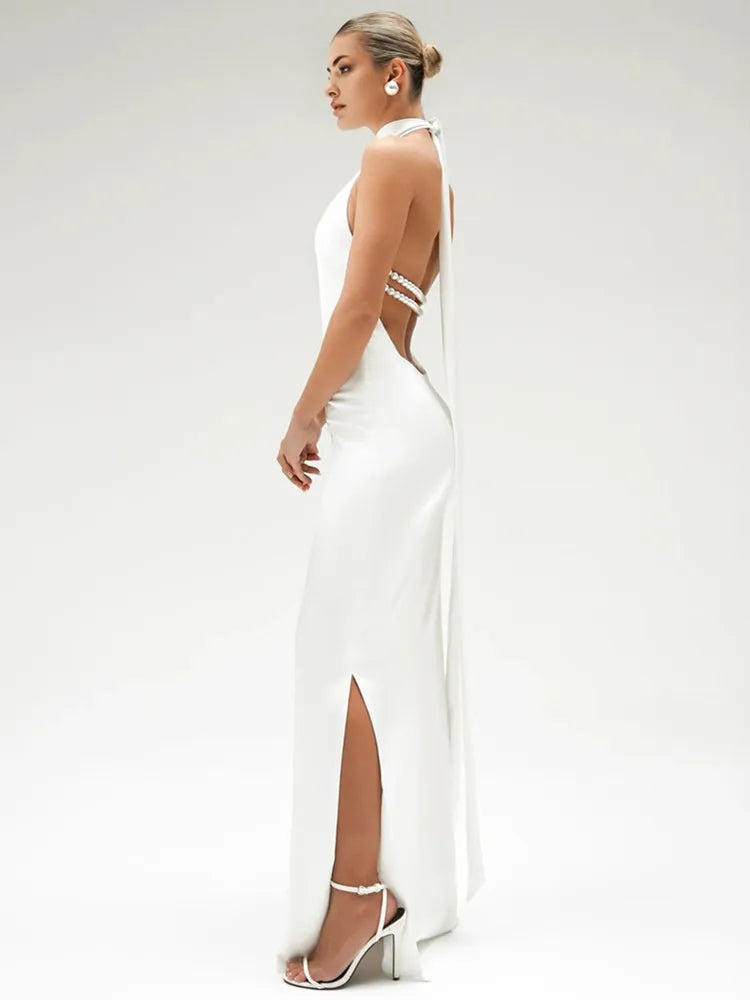 2024 Chic Sexy Backless Halter Pearl Black White Maxi Long Bodycon Dress