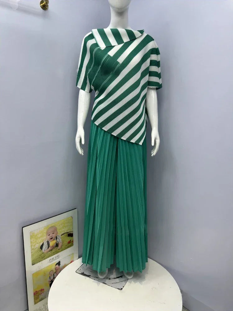 Striped Pleated Contrast Color Irregular Belt Tops + Long Pants