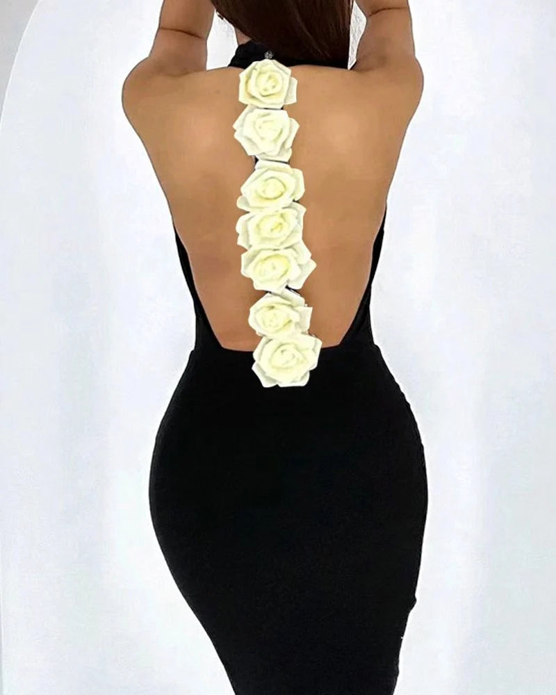 Elegant Rose Detail Mock Neck Sleeveless Backless Bodycon Dresses