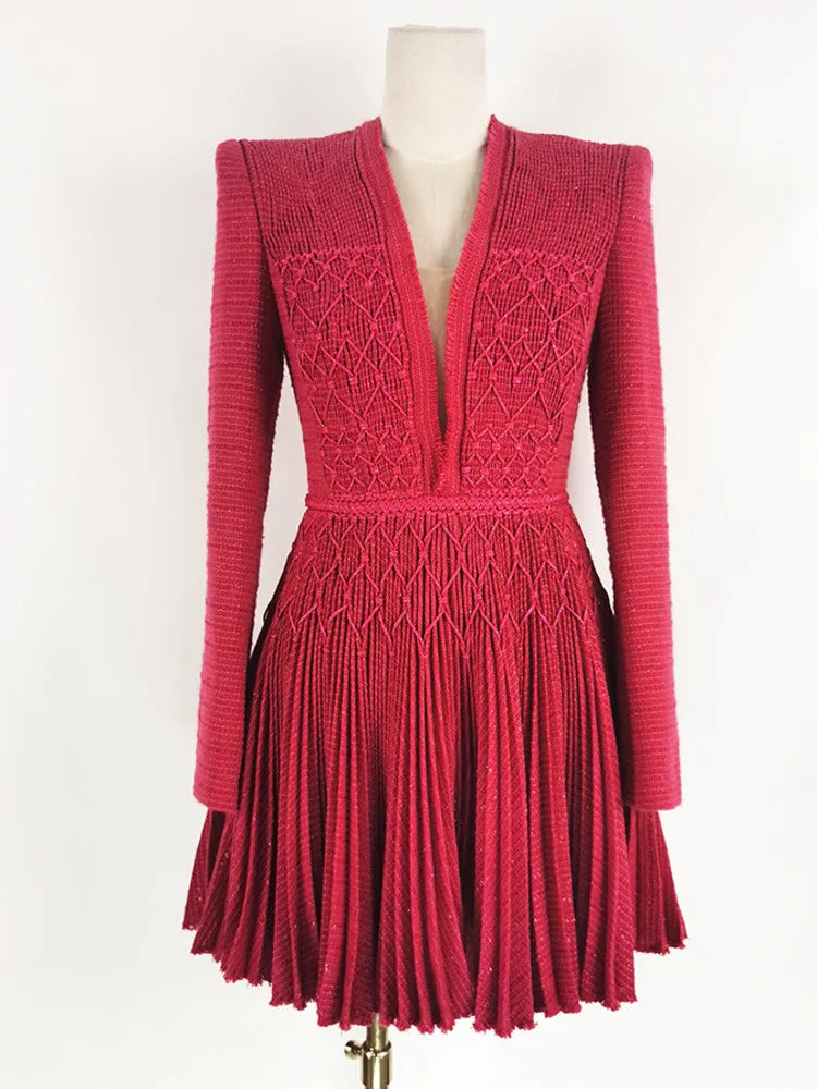 Deep V-neck Long Sleeve High Waist Pleated Braid Broad Shoulder Dresses