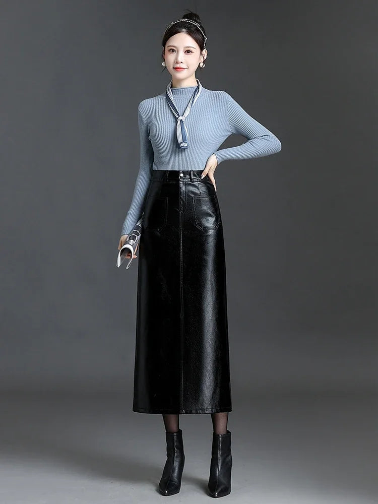 Autumn Winter High Waisted Slim Fit Bodycon PU Leather Skirt