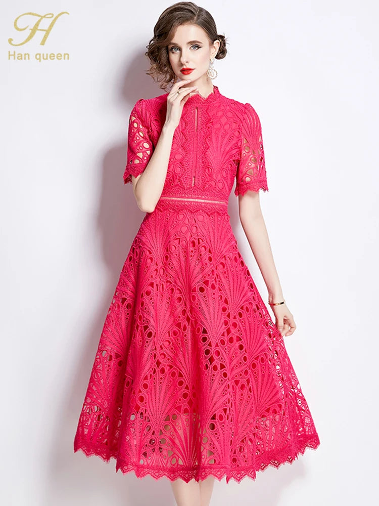 Spring New Elegant Floral Crochet Hollow Out Lace Patchwork Casual Office Midi Dress