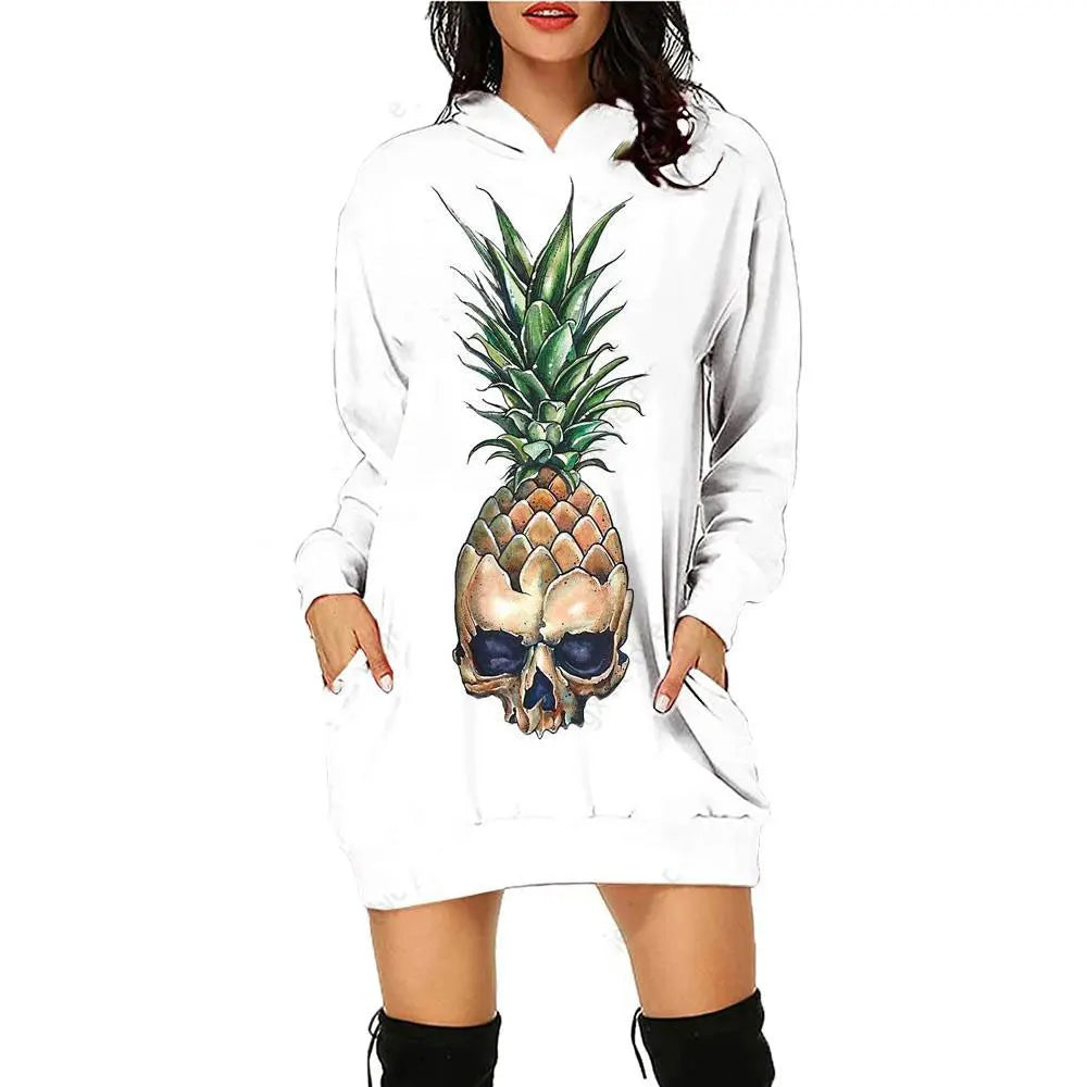 New 3D Print Skull Long sleeved Pullover Fashion Mid length Hoodie Dress