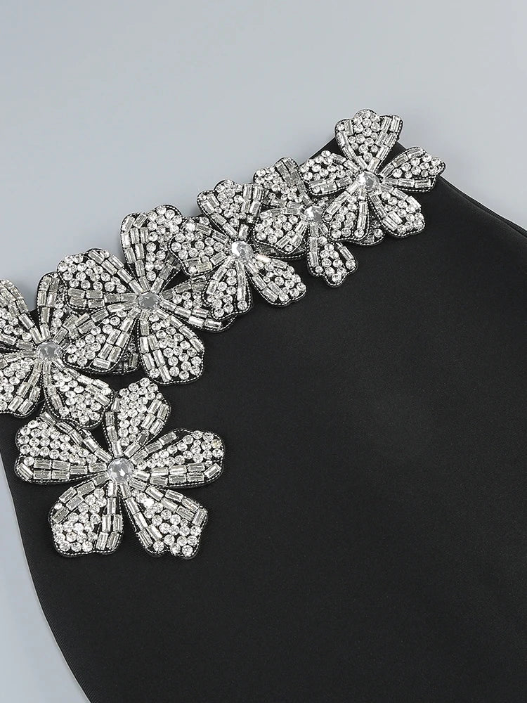 Sexy Long Sleeves Bandage Turtleneck Shiny Diamonds Flower Top + Bodycon Mini  Skirts