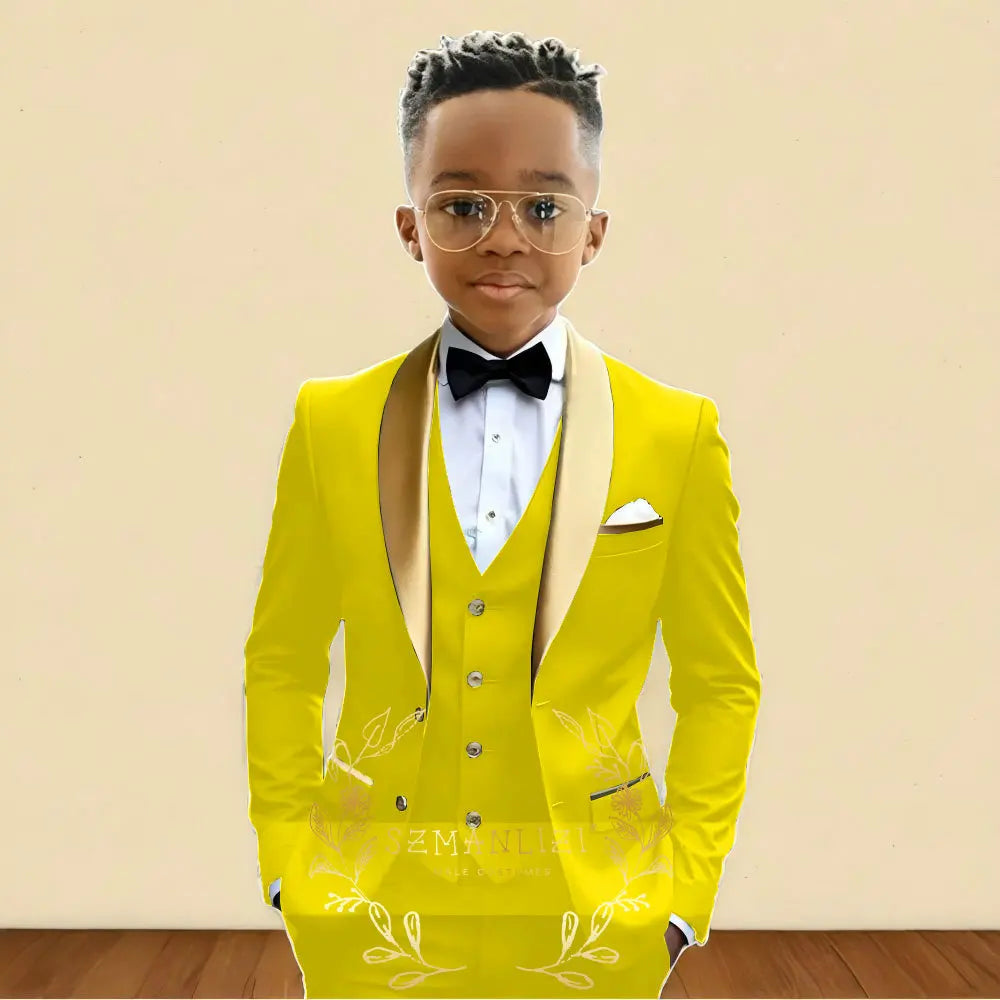 3‑Piece Boys Wedding Suit with Gold Shawl Lapel (2–16 Years)