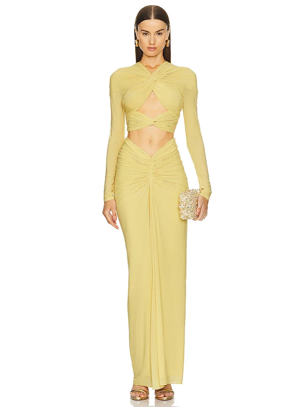 Sexy Long Sleeve Twisted hollow out midriff-baring Slim Two Piece Dress