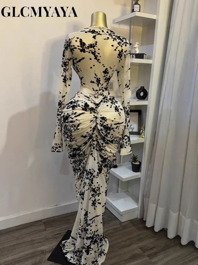 Long Sleeve Stacked Mesh See Though with Lining Bodycon Long Dress