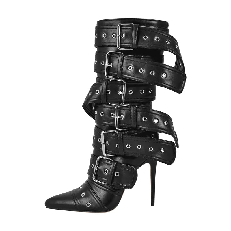 Pointed Toe Mid-Calf Boots Buckle Strap Thin High Heel