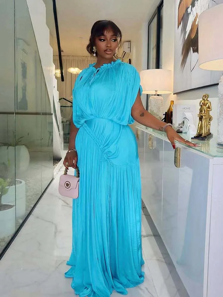 High Waist Draped Chic Sky Blue Dress