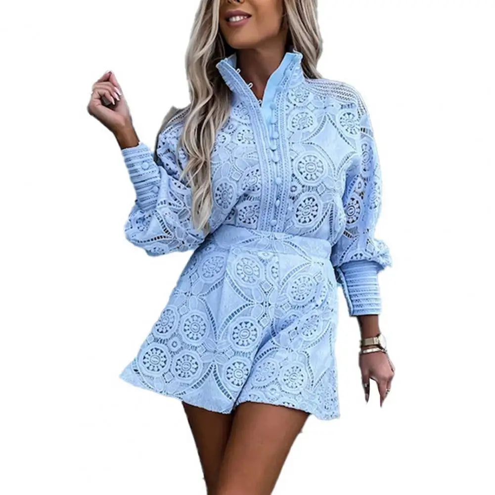 Long Sleeve Single Breasted High Waist Embroidery Hollow Lace Shirt Wide Leg Women Shorts Set