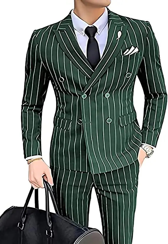 Double-breasted Wedding Groomman Pinstripe Notched Lapel For  (Blazer+Pants)