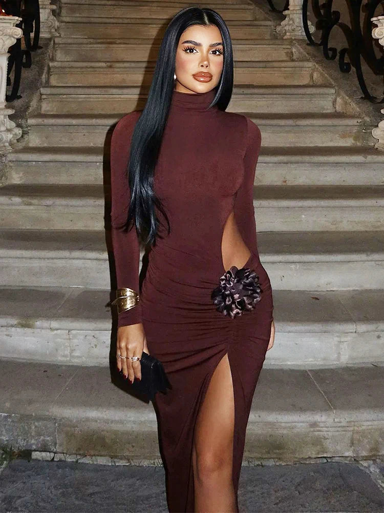 Turtleneck Long Sleeve Solid Hollow Out Thigh High Split Bodycon Sexy Maxi Dress
